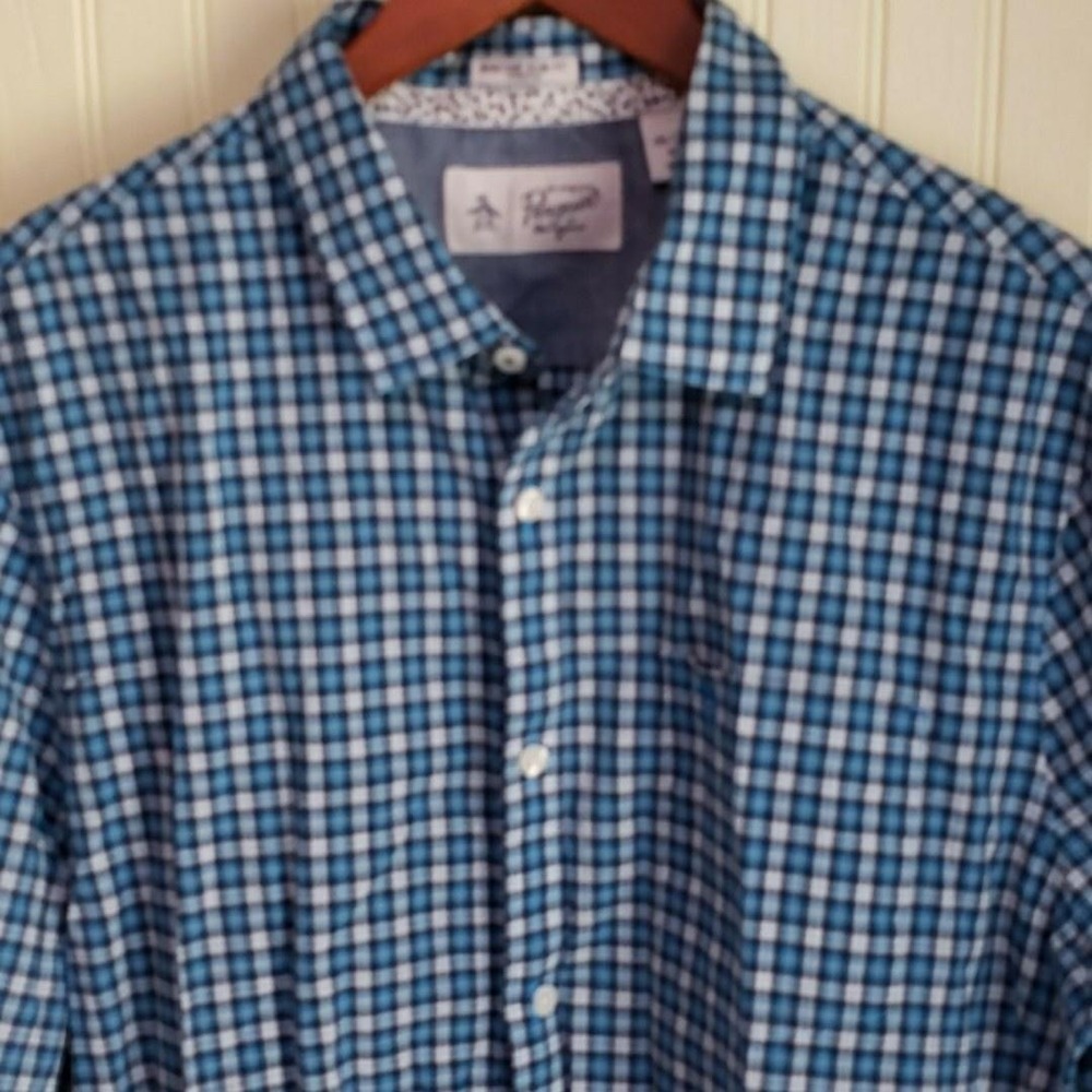 Penguin Shirt Mens XL Blue Plaid Long Sleeve Button Up Heritage Slim Fit Stretch